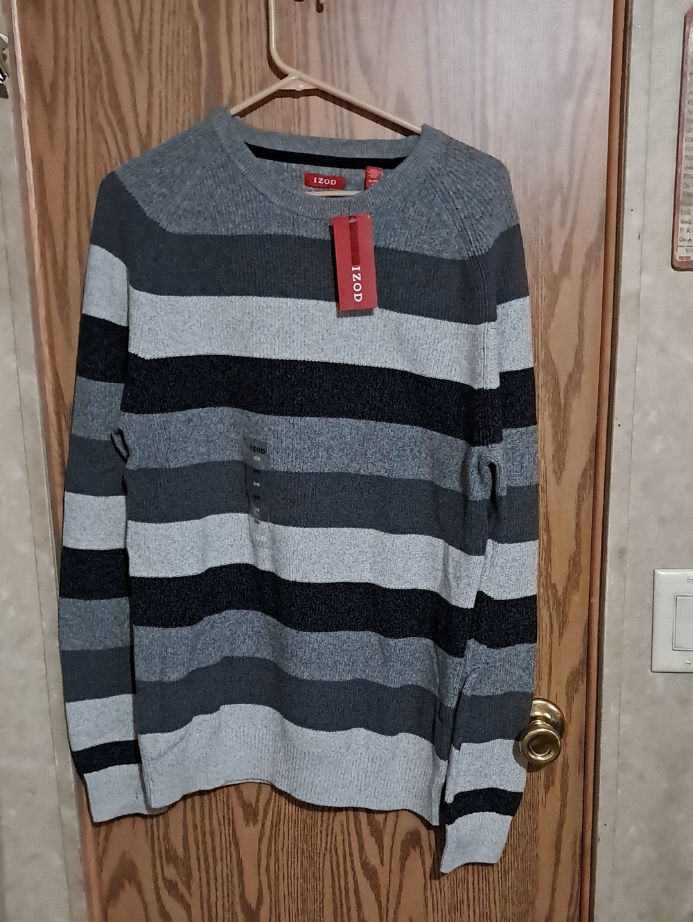 Izod Men's Gray and Black Striped Crewneck Sweater - Classic Knit